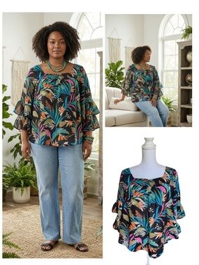 Terra & Sky tropical floral peasant top square neckline ruffled sleeves NWT 1X
